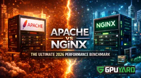 Infographic comparing Apache and Nginx web servers, with text describing a head-to-head review of their speed, architecture, and flexibility. Logos of GPUYard, Apache and Nginx are displayed.